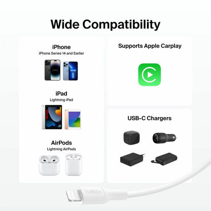 Belkin BoostCharge Pro USB-C Braided Cable with Lightning Connector, 6.6ft/2m, White - CAA022fq2MWH