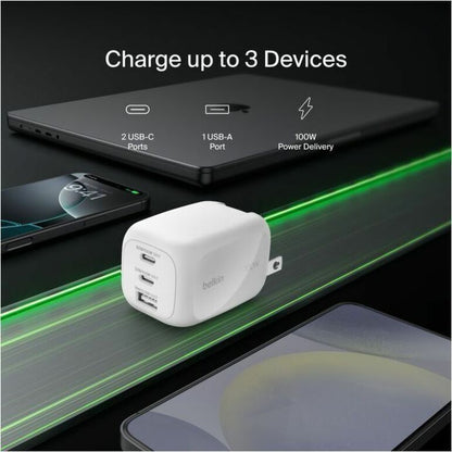 Belkin 100W GaN 3-Port USB Wall Charger - 1xUSB-A, 2xUSB-C - Foldable Prongs - Power Adapter - White - WCH016dqWH