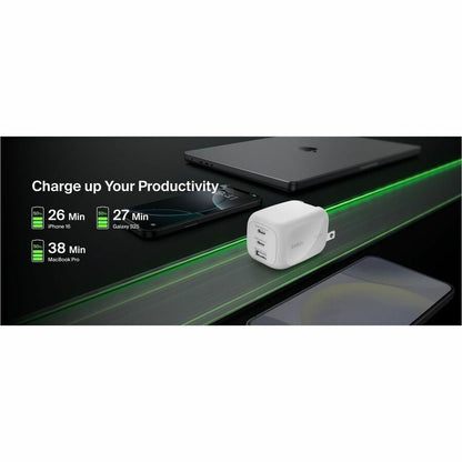 Belkin 100W GaN 3-Port USB Wall Charger - 1xUSB-A, 2xUSB-C - Foldable Prongs - Power Adapter - White - WCH016dqWH