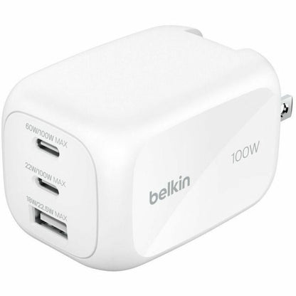 Belkin 100W GaN 3-Port USB Wall Charger - 1xUSB-A, 2xUSB-C - Foldable Prongs - Power Adapter - White - WCH016dqWH