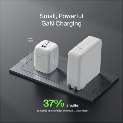 Belkin 100W GaN 3-Port USB Wall Charger - 1xUSB-A, 2xUSB-C - Foldable Prongs - Power Adapter - White - WCH016dqWH