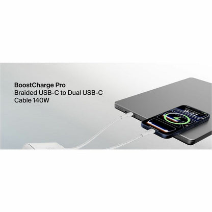Belkin BoostCharge Pro Braided USB-C to Dual USB-C Cable 140W, White, 5ft/1.5m - CAC004fq1.5MWH